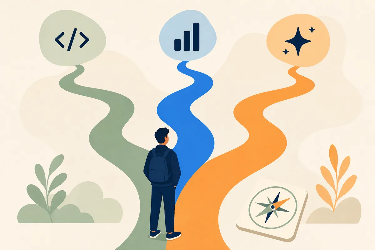 A learner standing at a fork between several career paths