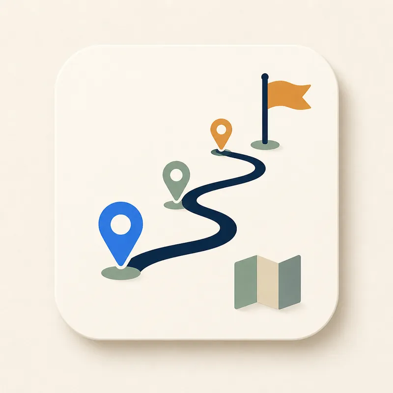 A winding path with pins ending at a flag