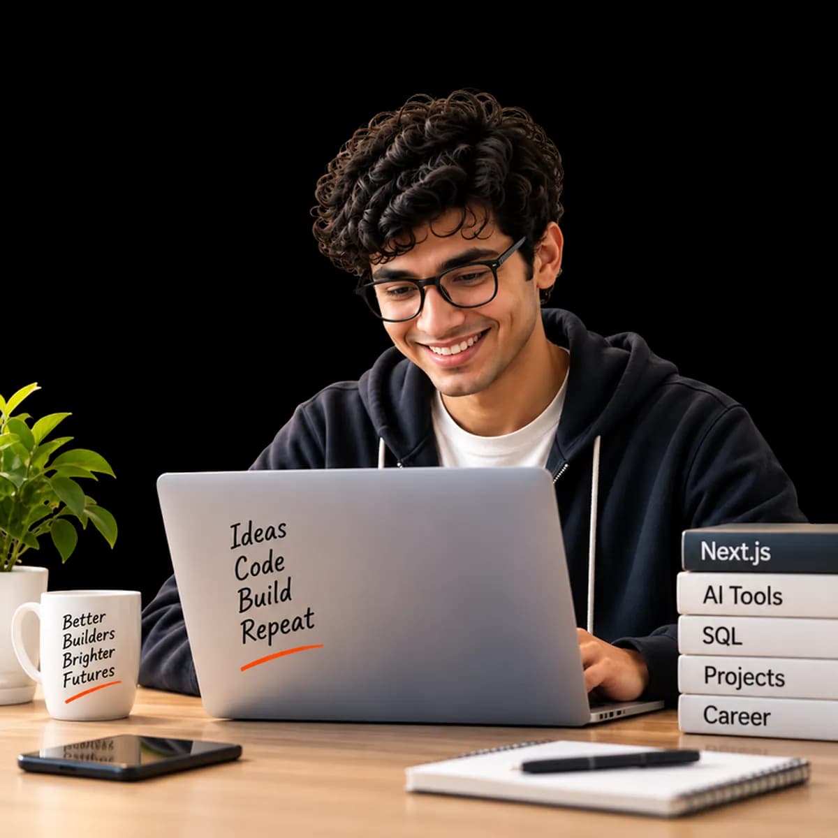 Builder working on a laptop — Ideas, Code, Build, Repeat