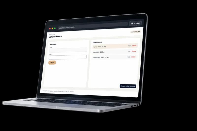 Campus Events full-stack app preview — Next.js interface with SQL-backed create, edit, and delete.